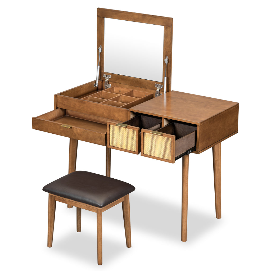 Coiffeuse Bois 43.3 Pouces Miroir Rabattable + Tabouret - 3 Tiroirs - Brune - Ra