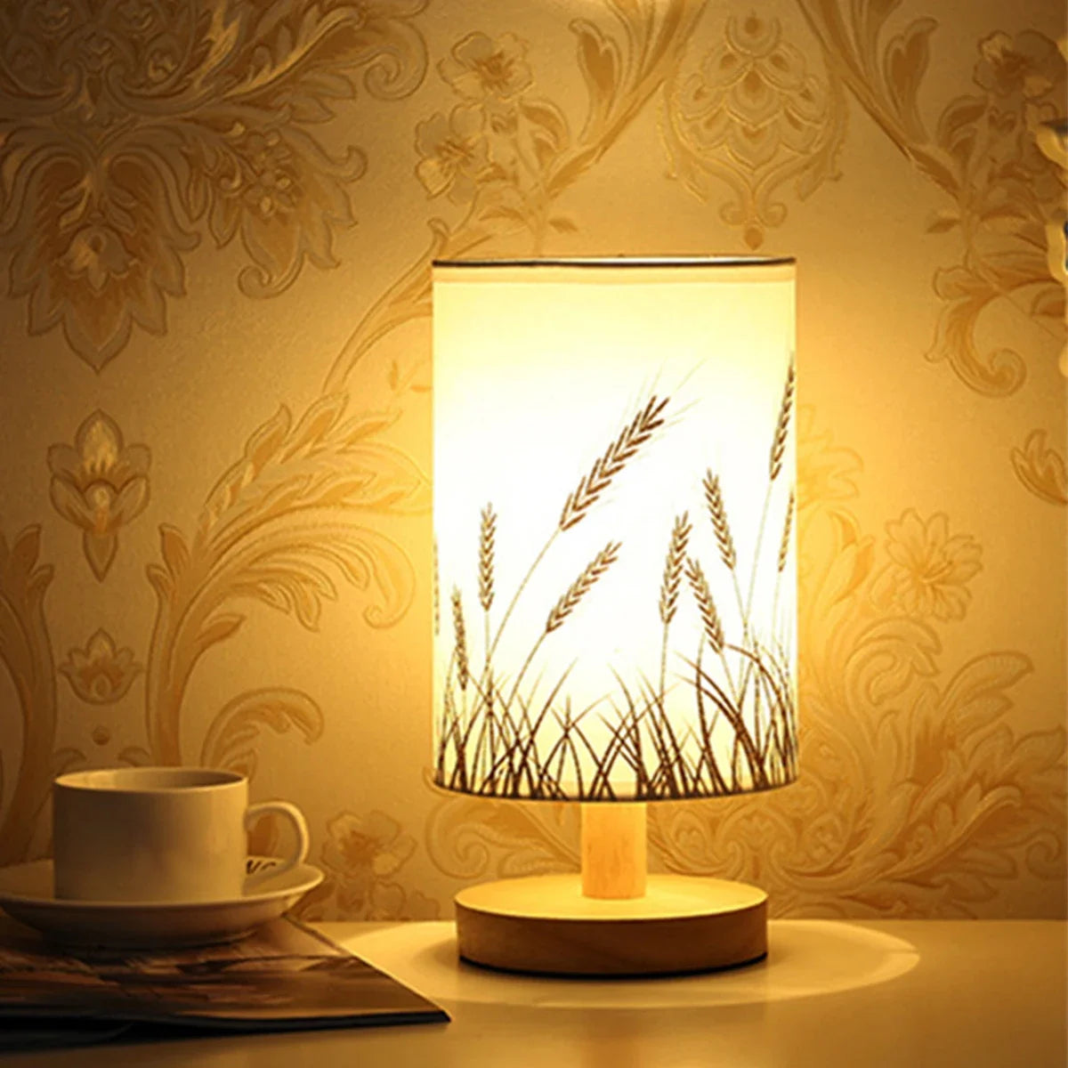 Lampe Table Lin LED - Blanc Chaud - Chevet USB - Abat-jour Lin Bois