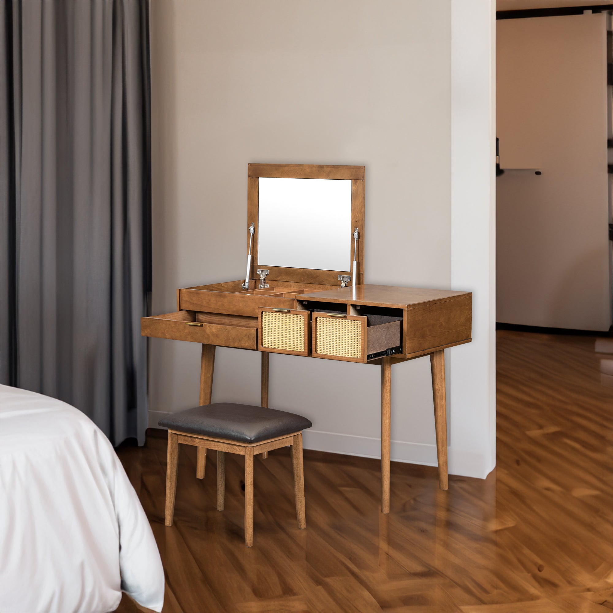 Coiffeuse Bois 43.3 Pouces Miroir Rabattable + Tabouret - 3 Tiroirs - Brune - Ra