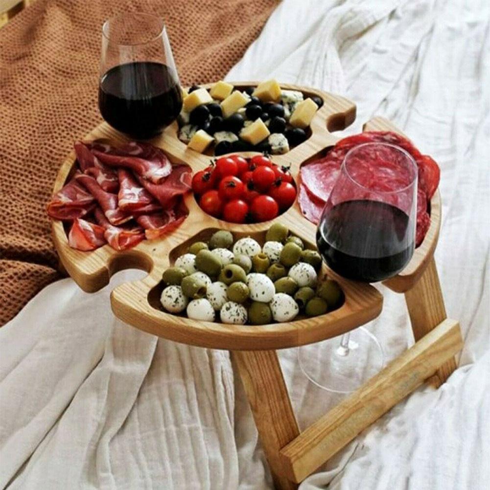 Table Pique-nique Pliante Bois avec Porte-Verre 2-en-1 - Vin Extérieur