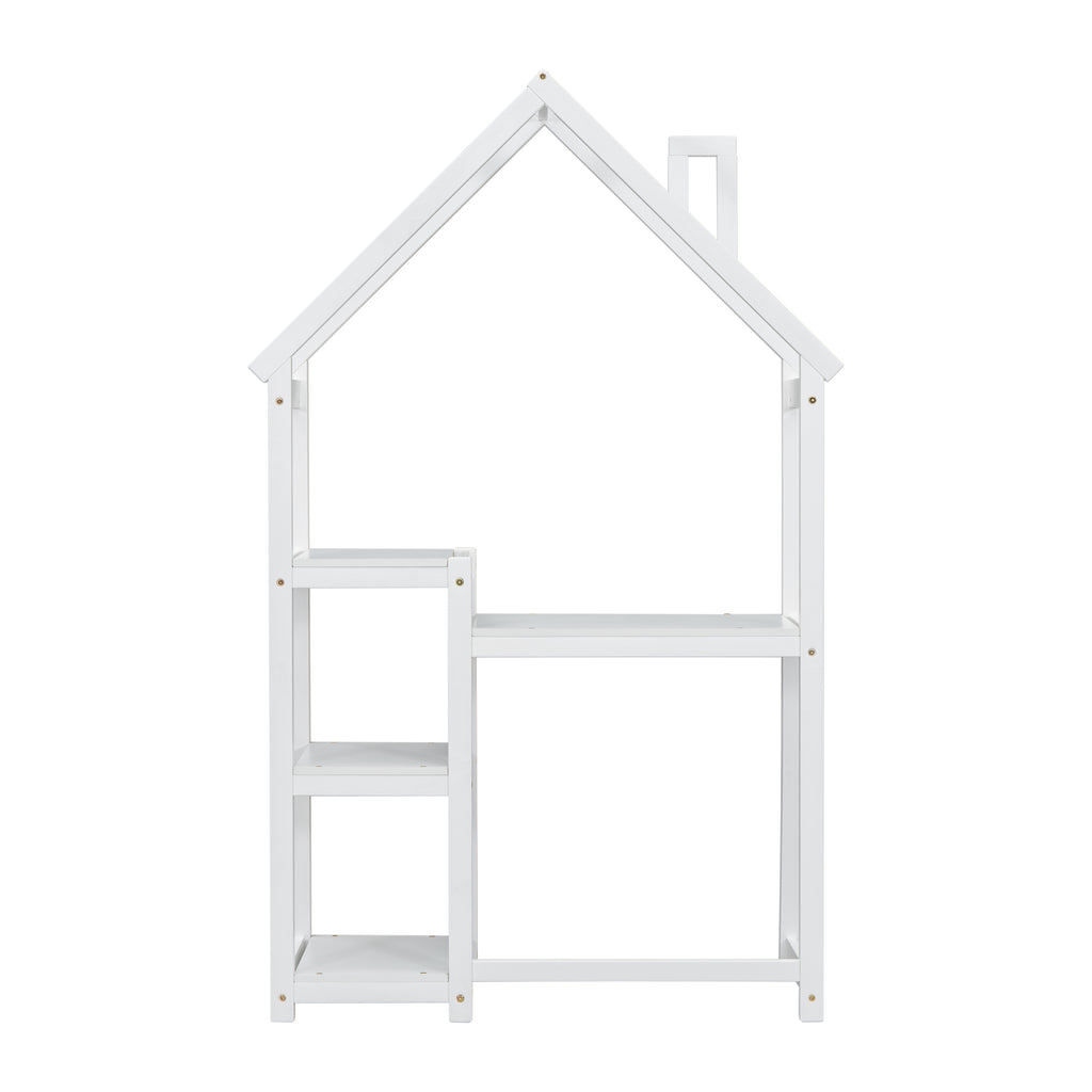 Bureau Enfant Maison Bois Blanc - Table Étude + Bibliothèque + Rangement Jouets