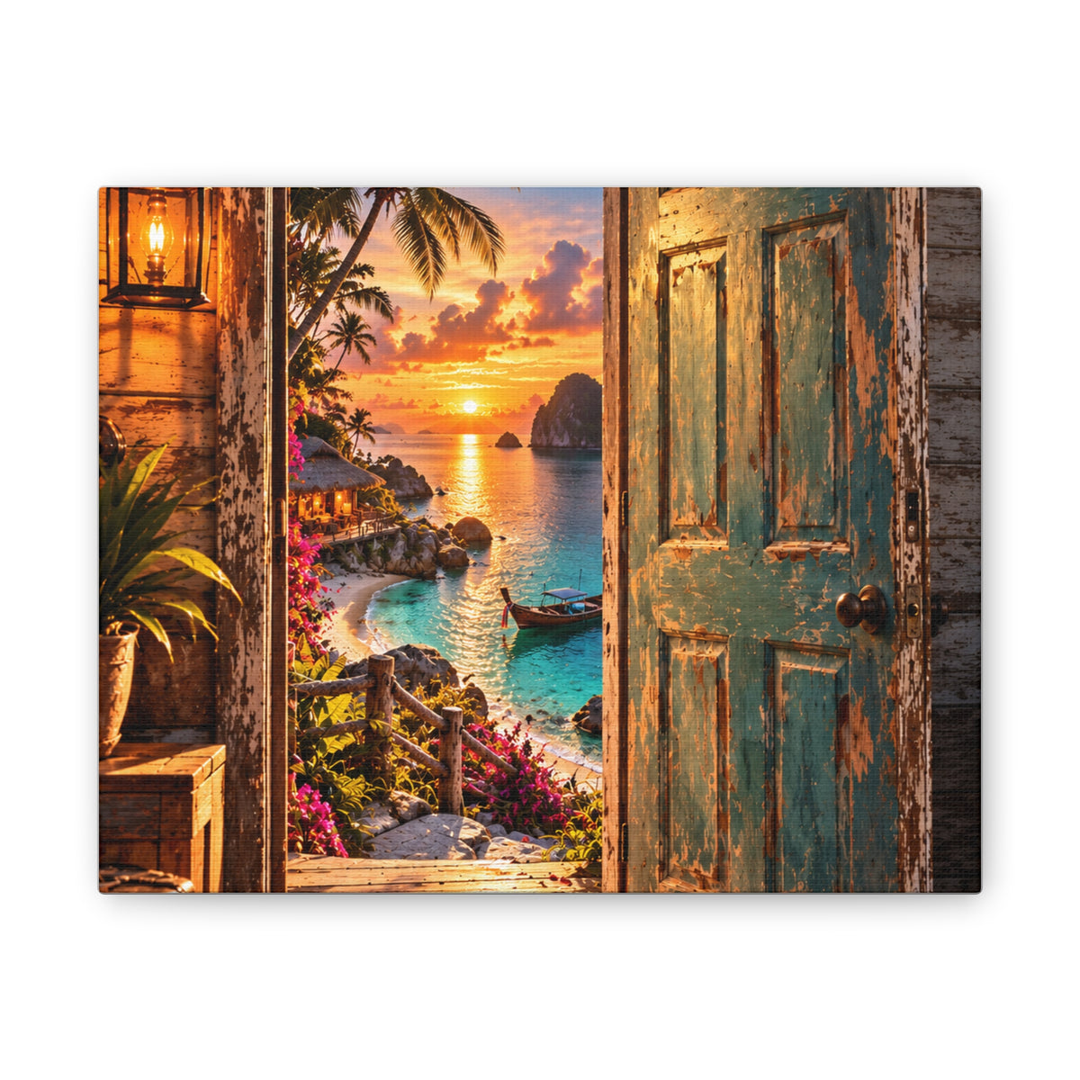 La porte vers le paradis – Toile tropicale au coucher du soleil