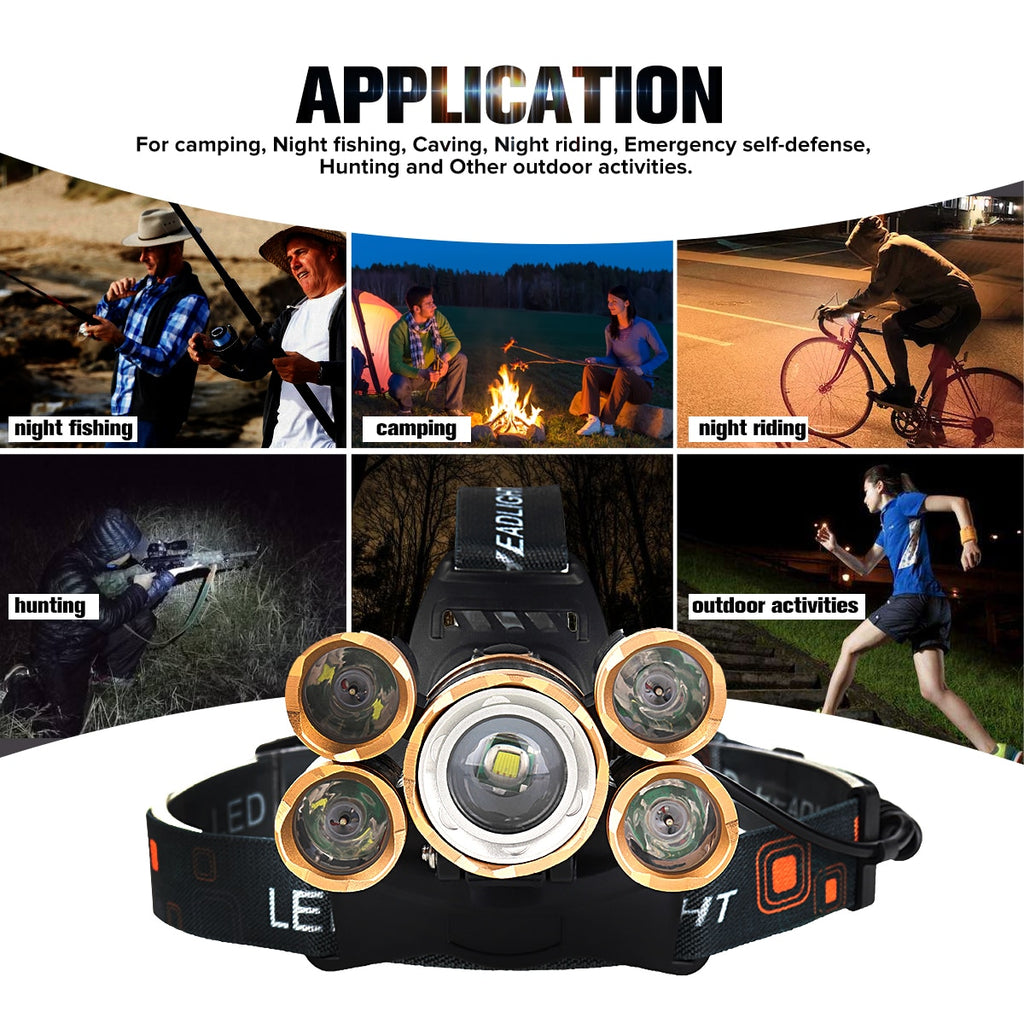 Lampe Frontale LED 1500lm 5xT6 - Vélo Rechargeable 18650 - Pêche Camping