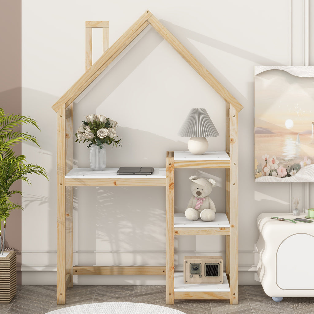 Bureau Enfant Maison Bois Naturel - Table Étude + Bibliothèque + Rangement Jouet