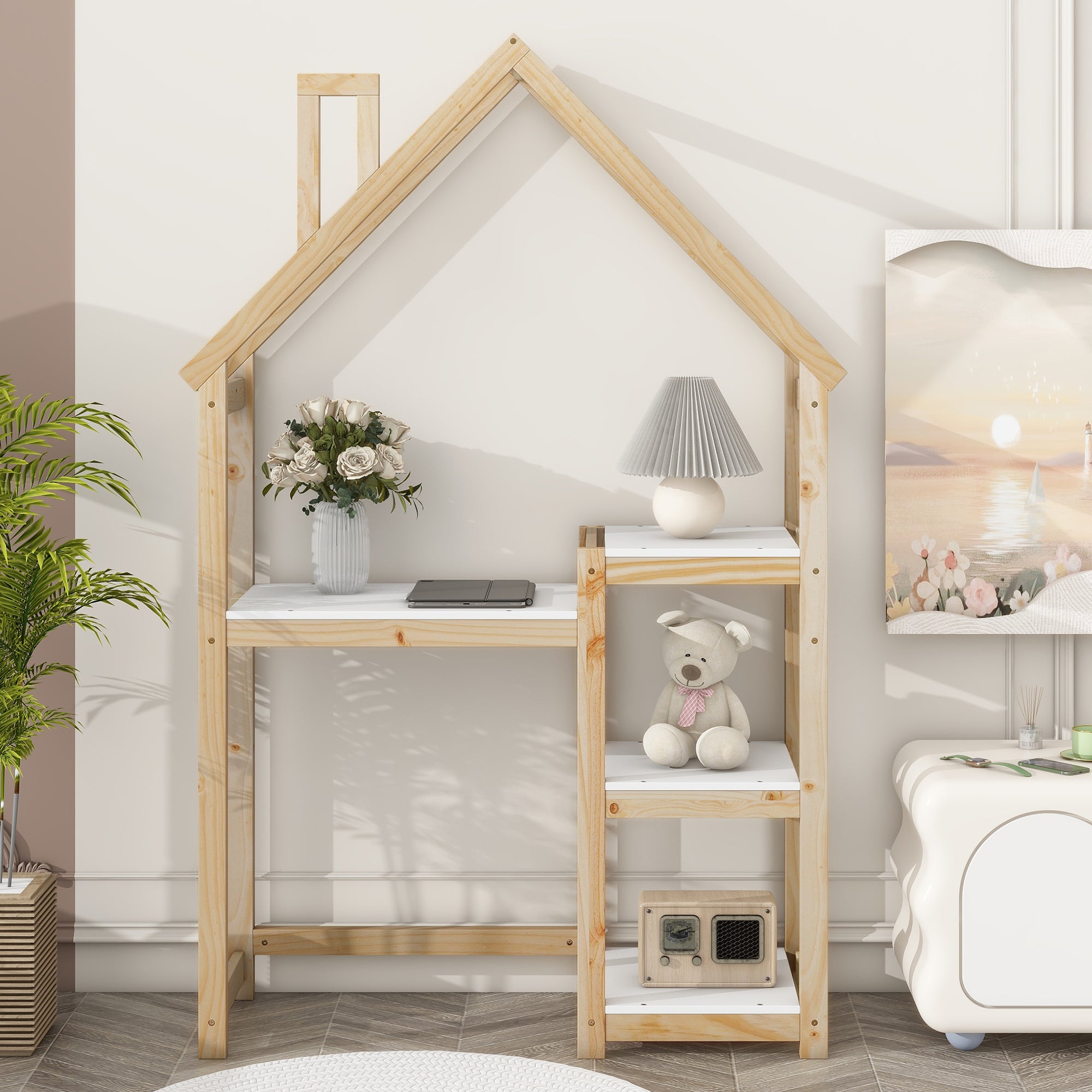 Bureau Enfant Maison Bois Naturel - Table Étude + Bibliothèque + Rangement Jouet