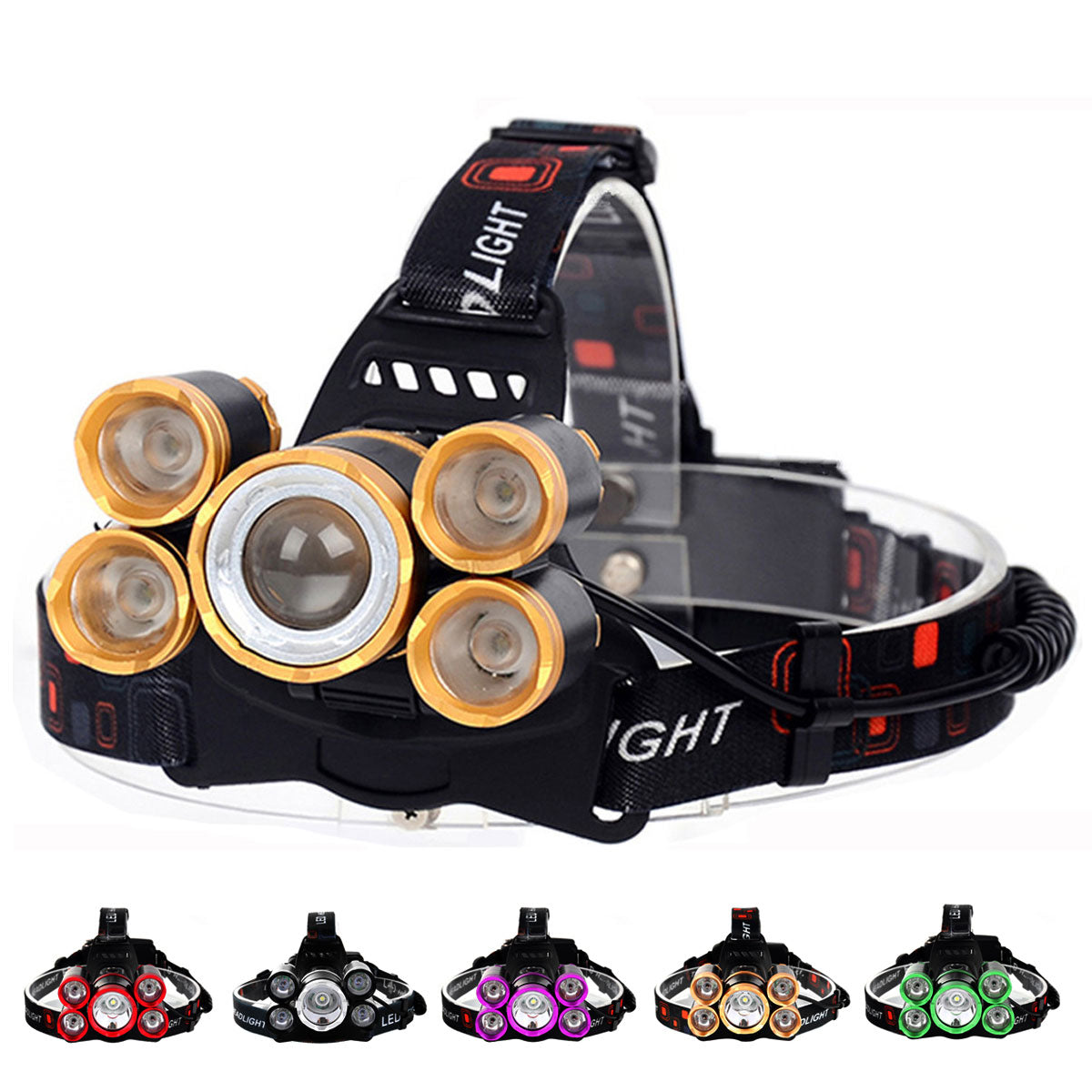 Lampe Frontale LED 1500lm 5xT6 - Vélo Rechargeable 18650 - Pêche Camping