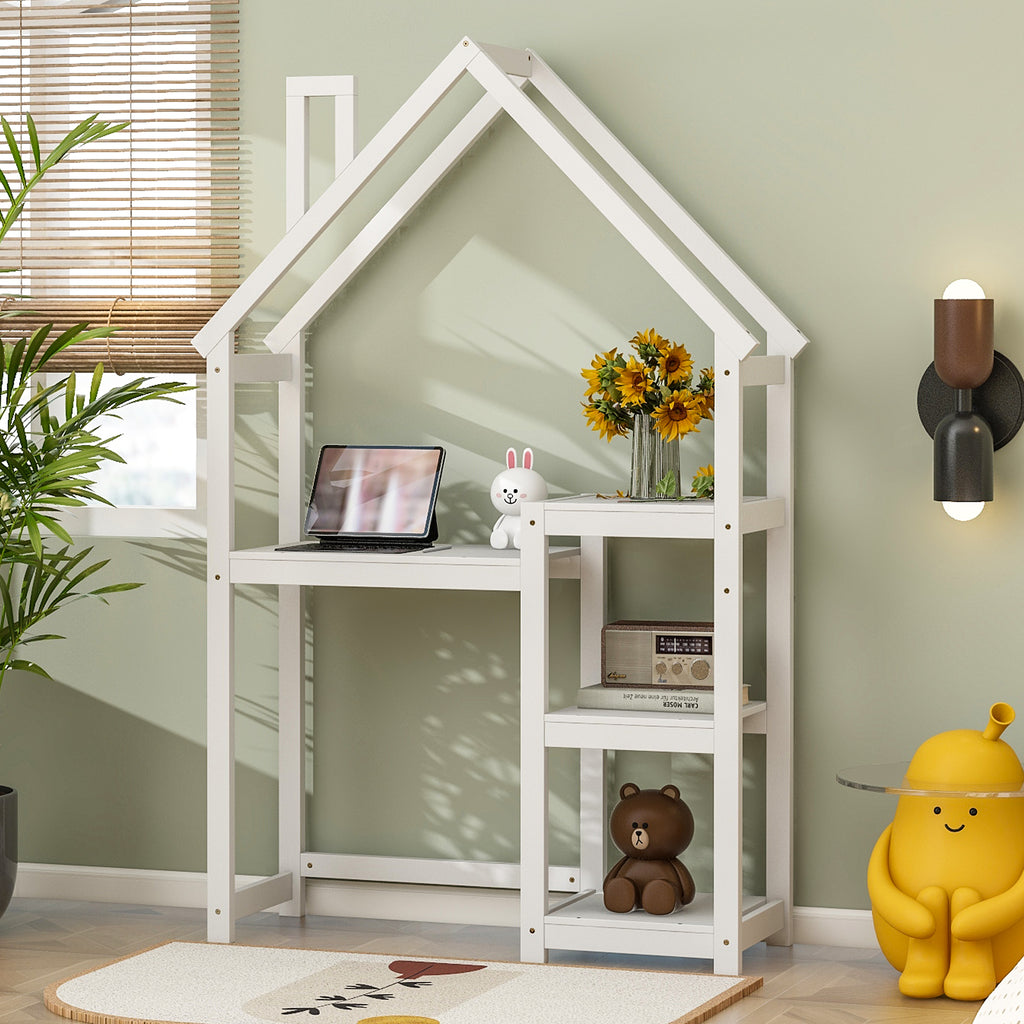 Bureau Enfant Maison Bois Blanc - Table Étude + Bibliothèque + Rangement Jouets