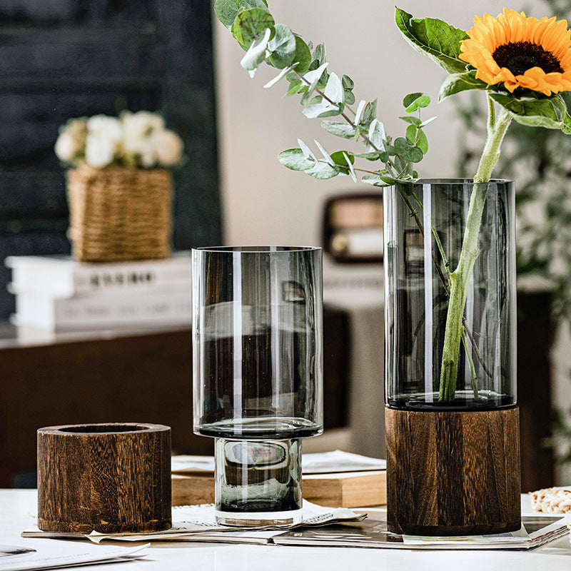 Vase Verre Scandinave Luxe - Support Bois - Fleurs Aquatiques - Déco Table Salle