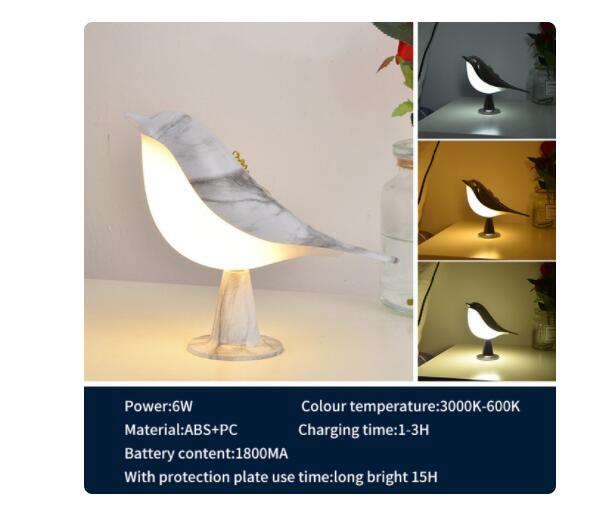 Lampe Chevet Oiseau Bois 3 Couleurs - Tactile Dimmable - Lecture Chambre - Déco 