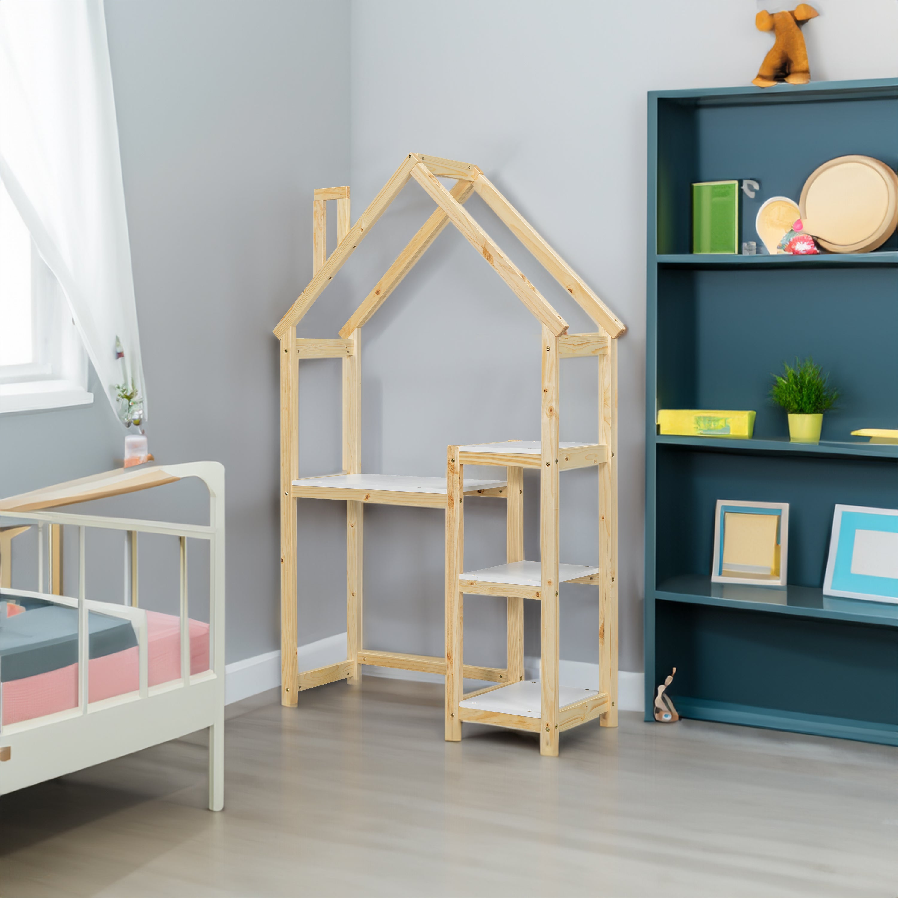 Bureau Enfant Maison Bois Naturel - Table Étude + Bibliothèque + Rangement Jouet