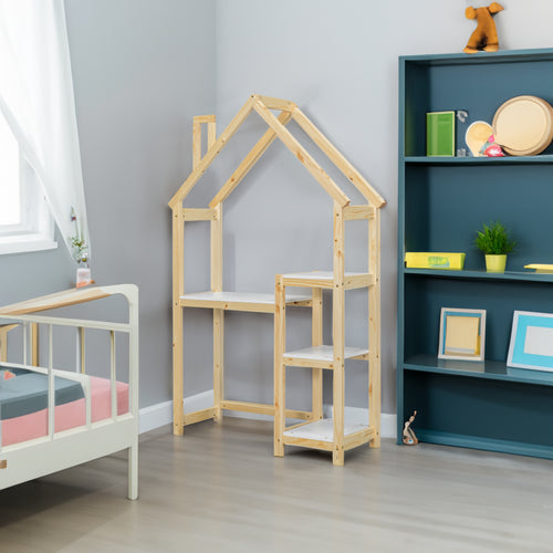 Bureau Enfant Maison Bois Naturel - Table Étude + Bibliothèque + Rangement Jouet