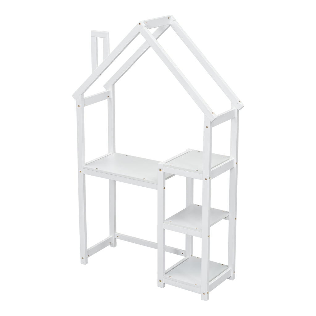 Bureau Enfant Maison Bois Blanc - Table Étude + Bibliothèque + Rangement Jouets