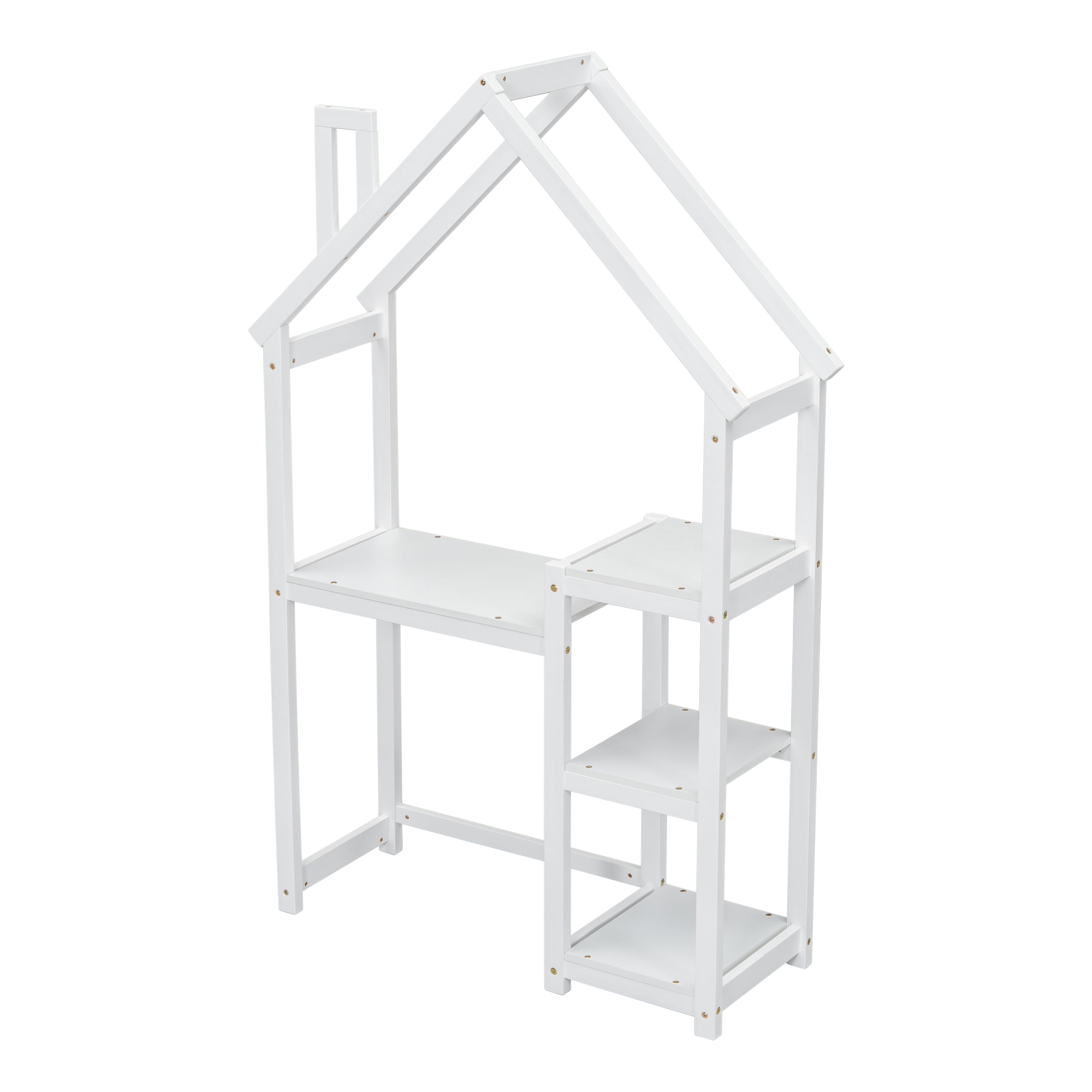 Bureau Enfant Maison Bois Blanc - Table Étude + Bibliothèque + Rangement Jouets