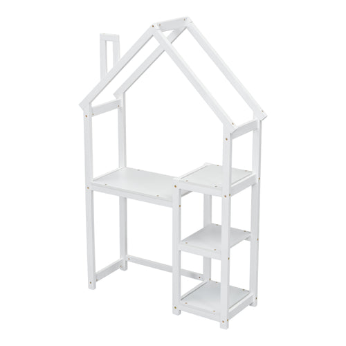 Bureau Enfant Maison Bois Blanc - Table Étude + Bibliothèque + Rangement Jouets