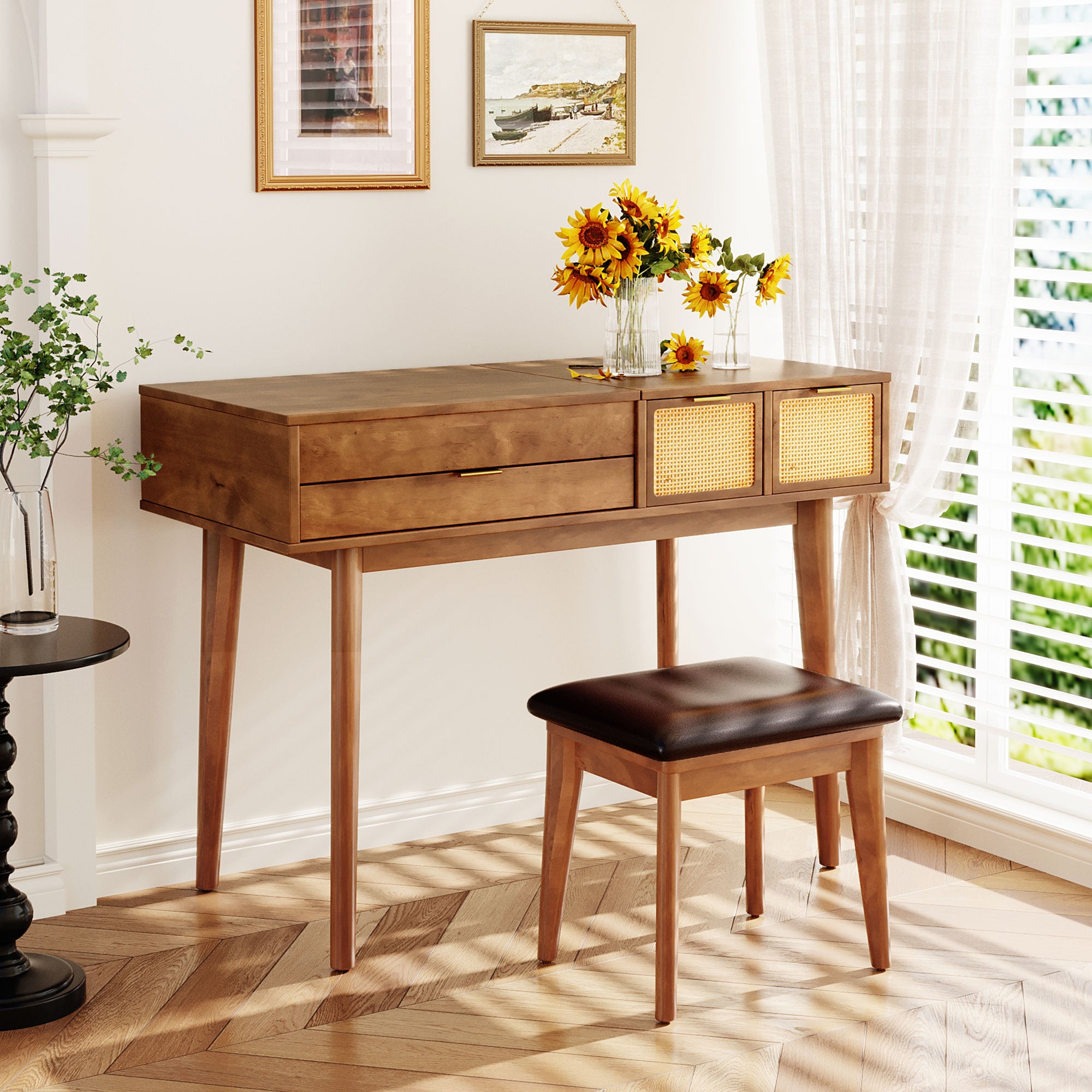Coiffeuse Bois 43.3 Pouces Miroir Rabattable + Tabouret - 3 Tiroirs - Brune - Ra