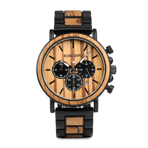 Montre à quartz multifonction entièrement en bois avec trois cadrans