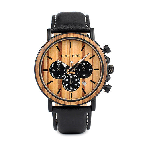 Montre à quartz multifonction entièrement en bois avec trois cadrans