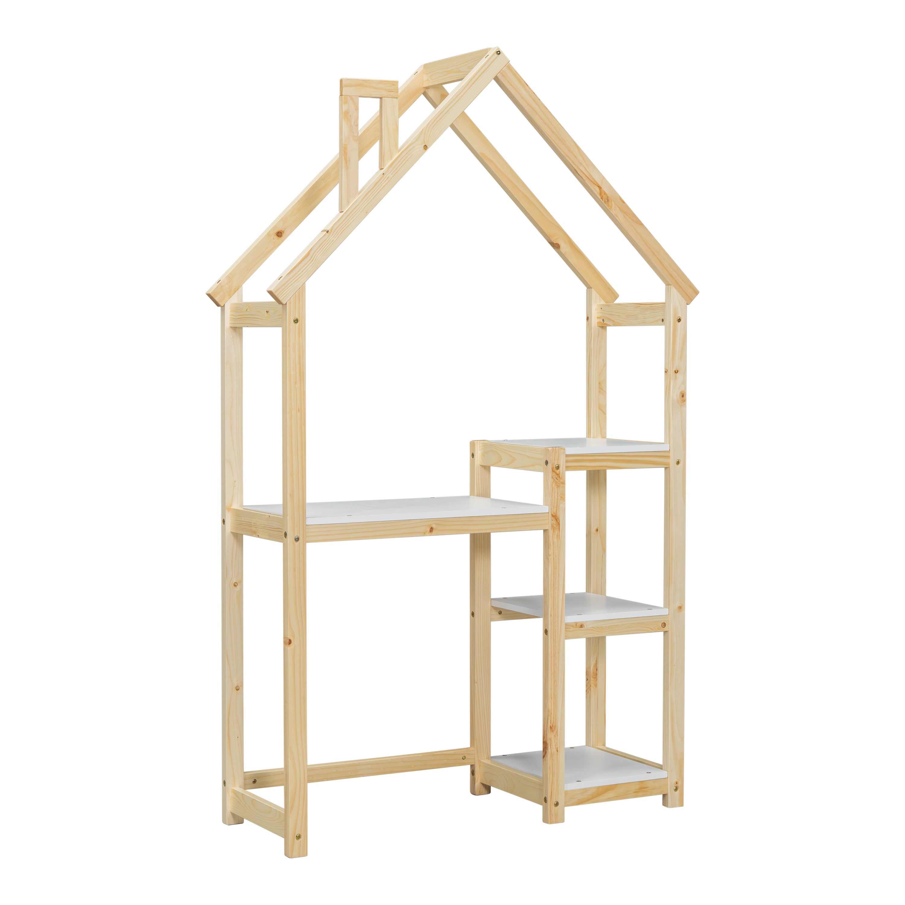 Bureau Enfant Maison Bois Naturel - Table Étude + Bibliothèque + Rangement Jouet