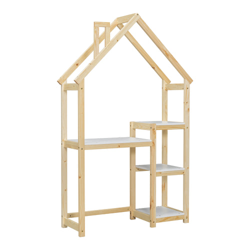 Bureau Enfant Maison Bois Naturel - Table Étude + Bibliothèque + Rangement Jouet
