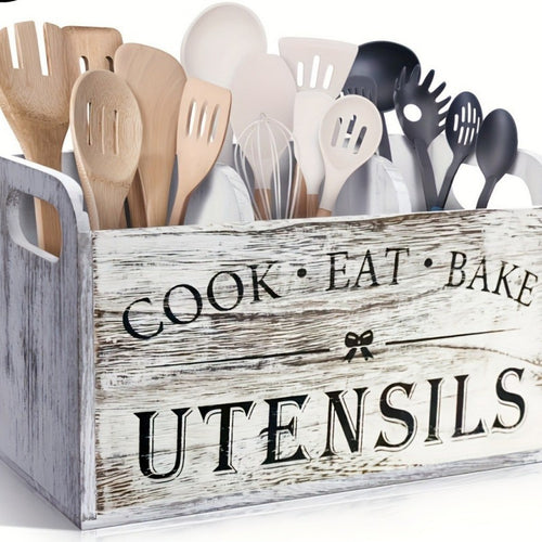 Boîte de rangement vintage en bois pour ustensiles de cuisine