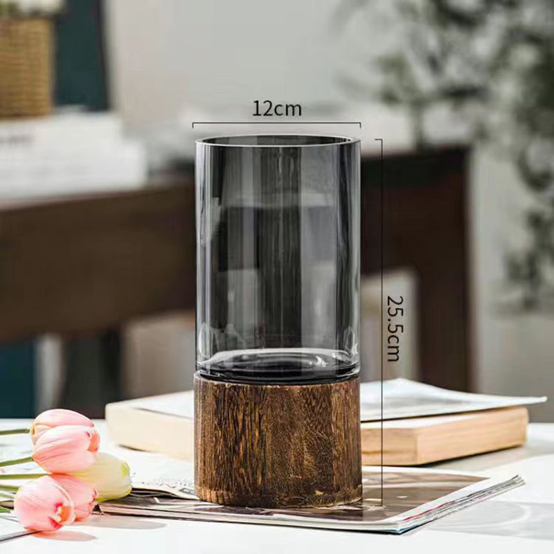 Vase Verre Scandinave Luxe - Support Bois - Fleurs Aquatiques - Déco Table Salle