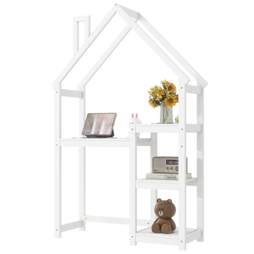 Bureau Enfant Maison Bois Blanc - Table Étude + Bibliothèque + Rangement Jouets