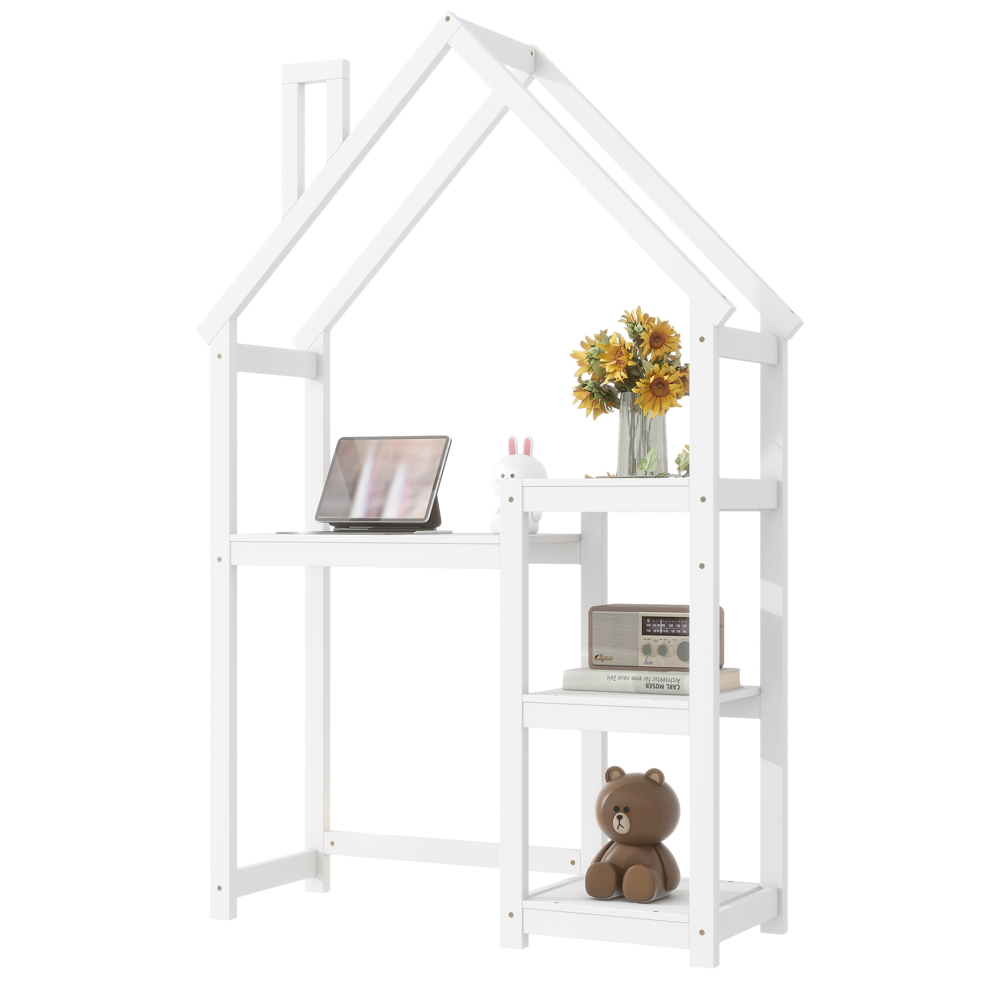 Bureau Enfant Maison Bois Blanc - Table Étude + Bibliothèque + Rangement Jouets