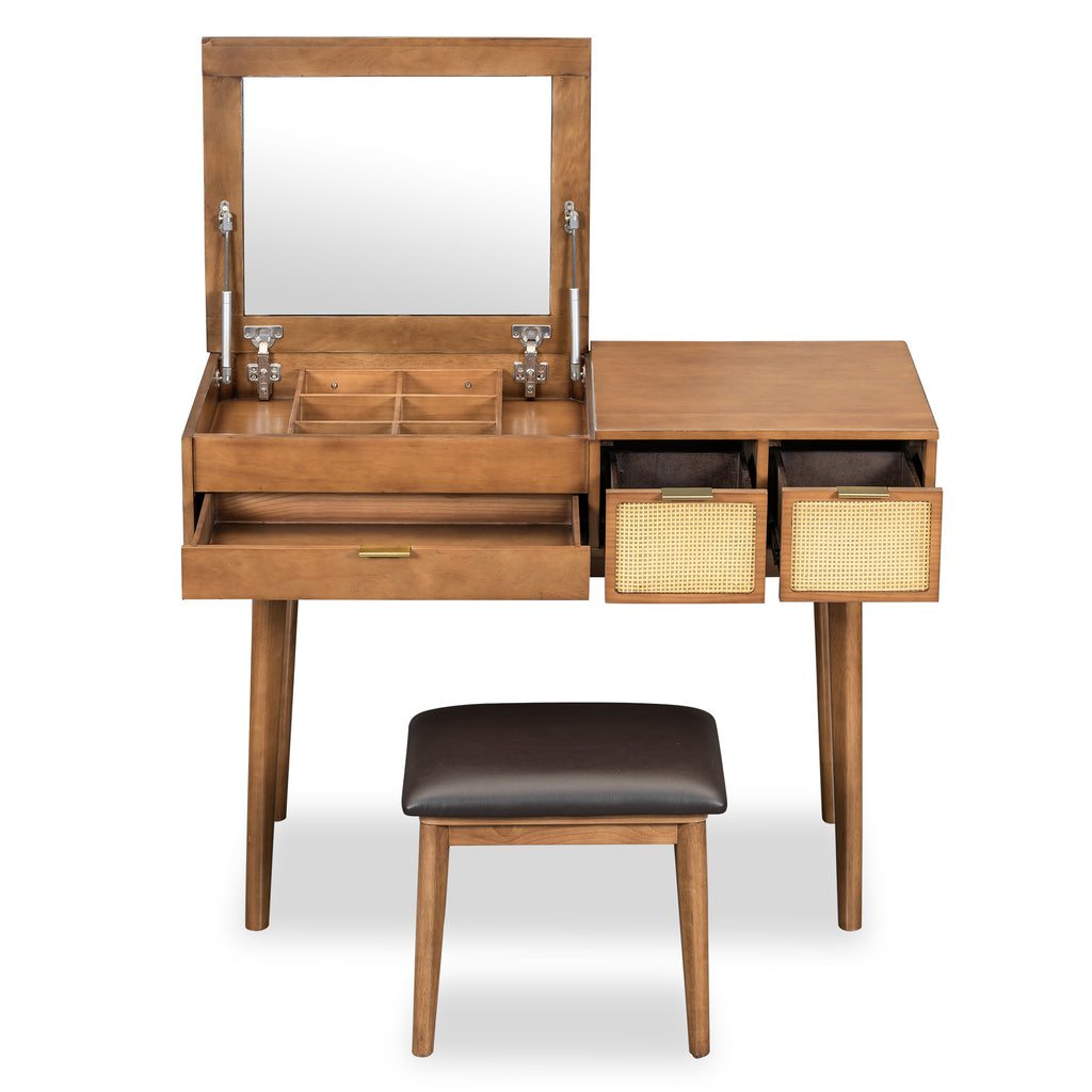 Coiffeuse Bois 43.3 Pouces Miroir Rabattable + Tabouret - 3 Tiroirs - Brune - Ra