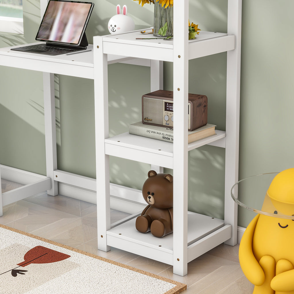 Bureau Enfant Maison Bois Blanc - Table Étude + Bibliothèque + Rangement Jouets