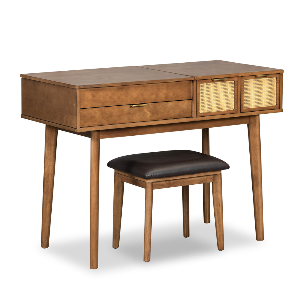 Coiffeuse Bois 43.3 Pouces Miroir Rabattable + Tabouret - 3 Tiroirs - Brune - Ra
