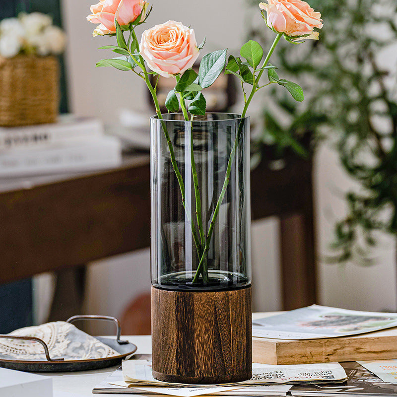 Vase Verre Scandinave Luxe - Support Bois - Fleurs Aquatiques - Déco Table Salle