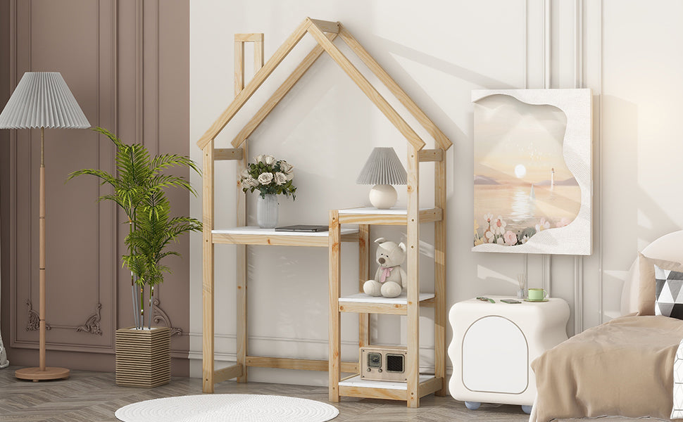 Bureau Enfant Maison Bois Naturel - Table Étude + Bibliothèque + Rangement Jouet
