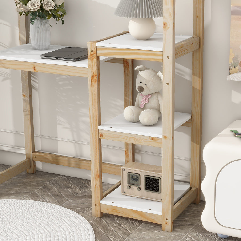 Bureau Enfant Maison Bois Naturel - Table Étude + Bibliothèque + Rangement Jouet