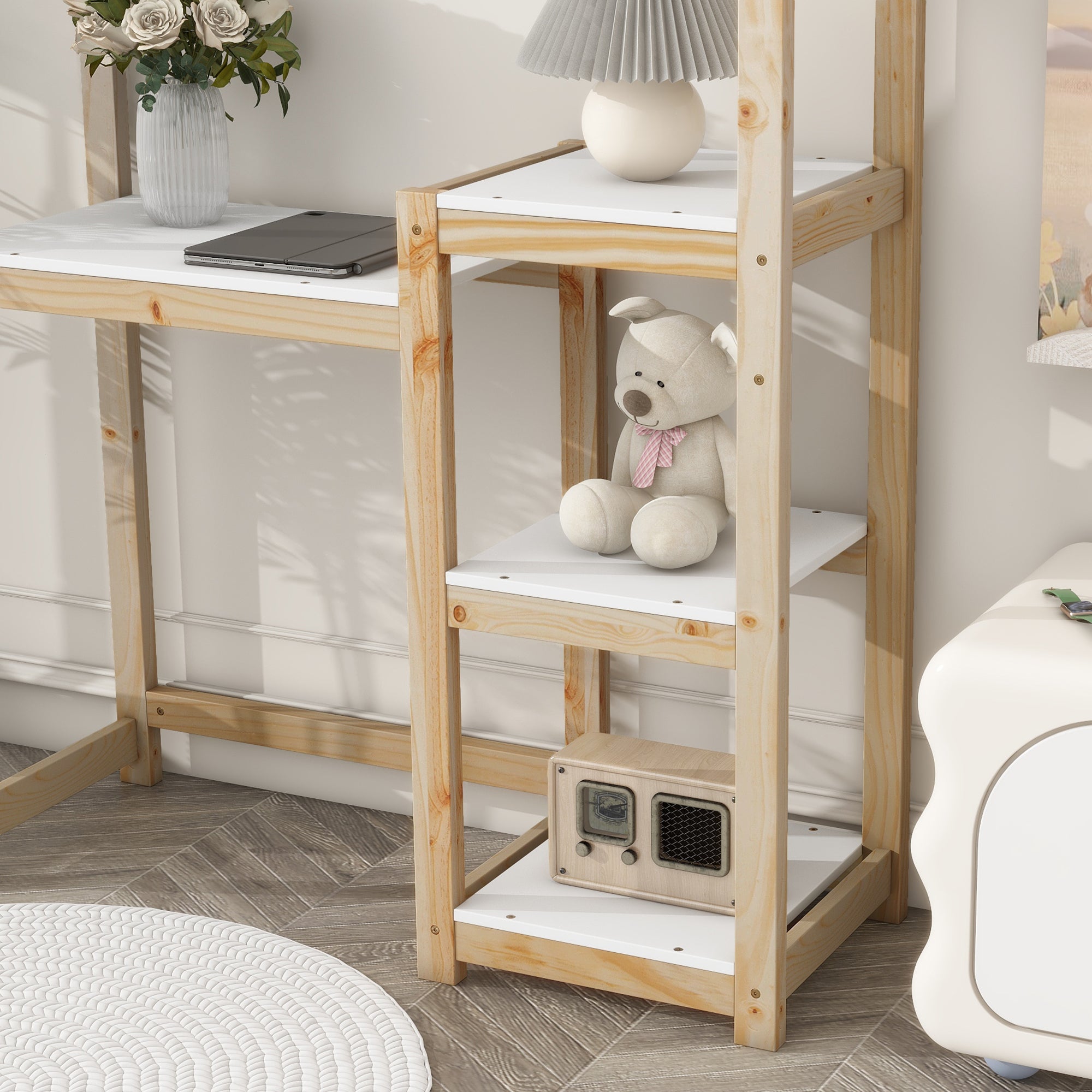 Bureau Enfant Maison Bois Naturel - Table Étude + Bibliothèque + Rangement Jouet