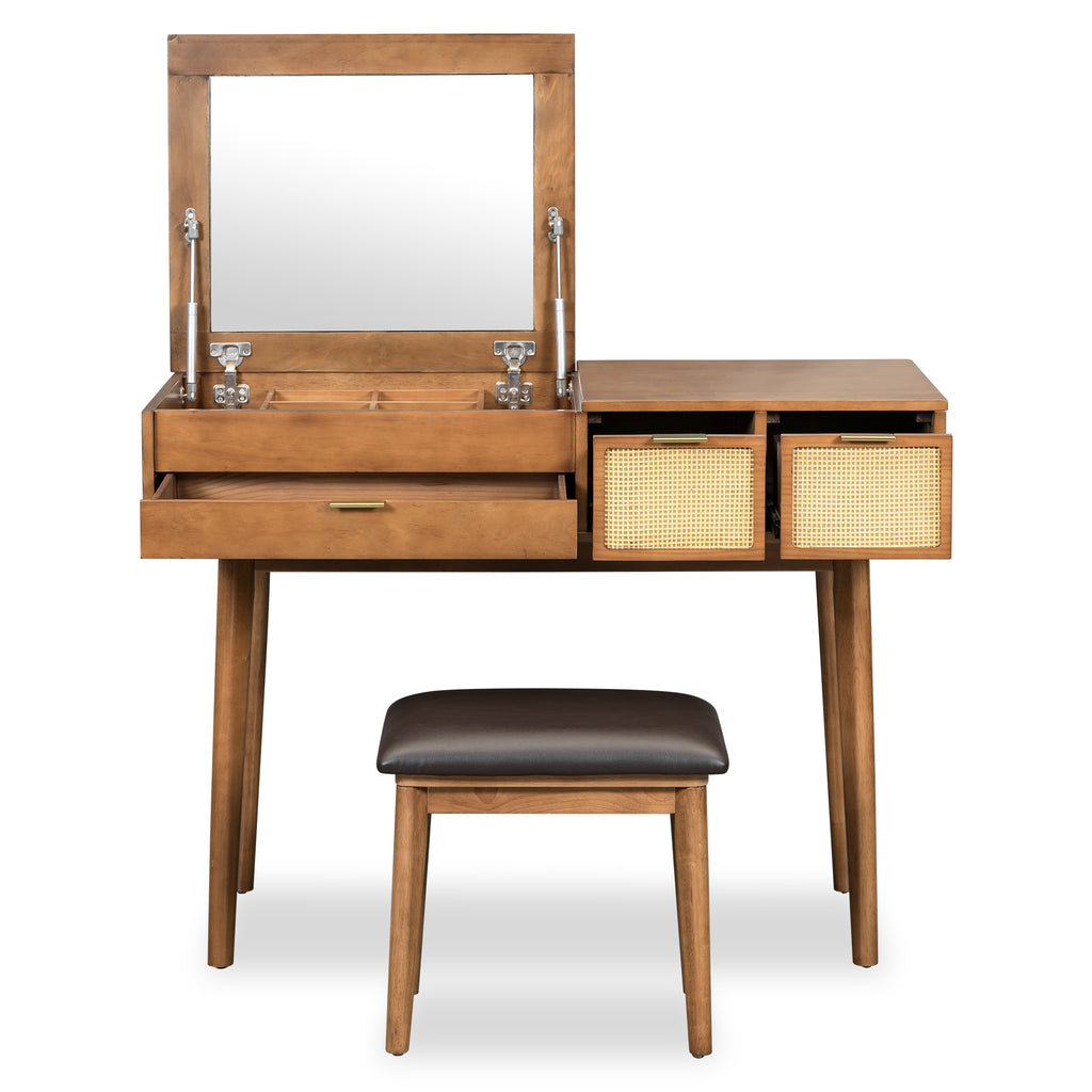 Coiffeuse Bois 43.3 Pouces Miroir Rabattable + Tabouret - 3 Tiroirs - Brune - Ra