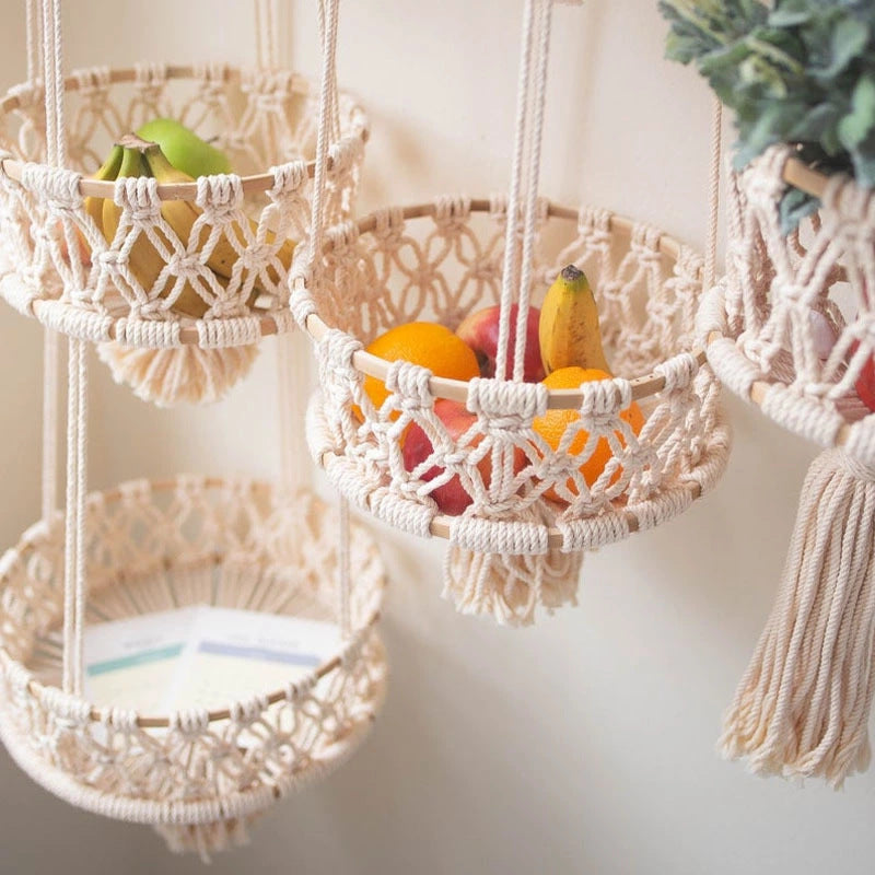 Panier Suspendu Fleurs Corde Coton Tressé Main - Rangement Fruits Cuisine - Pot 