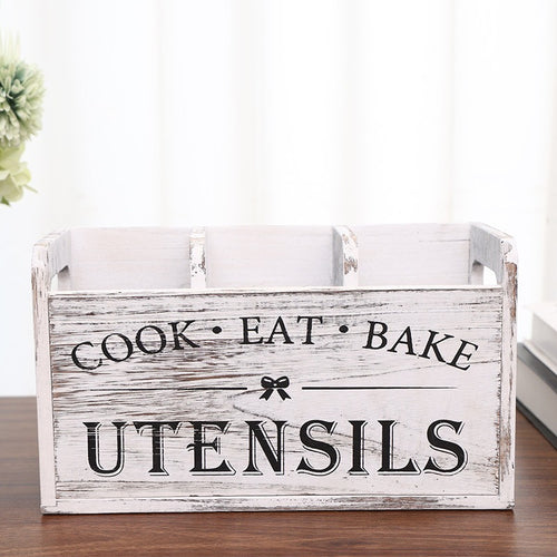 Boîte de rangement vintage en bois pour ustensiles de cuisine