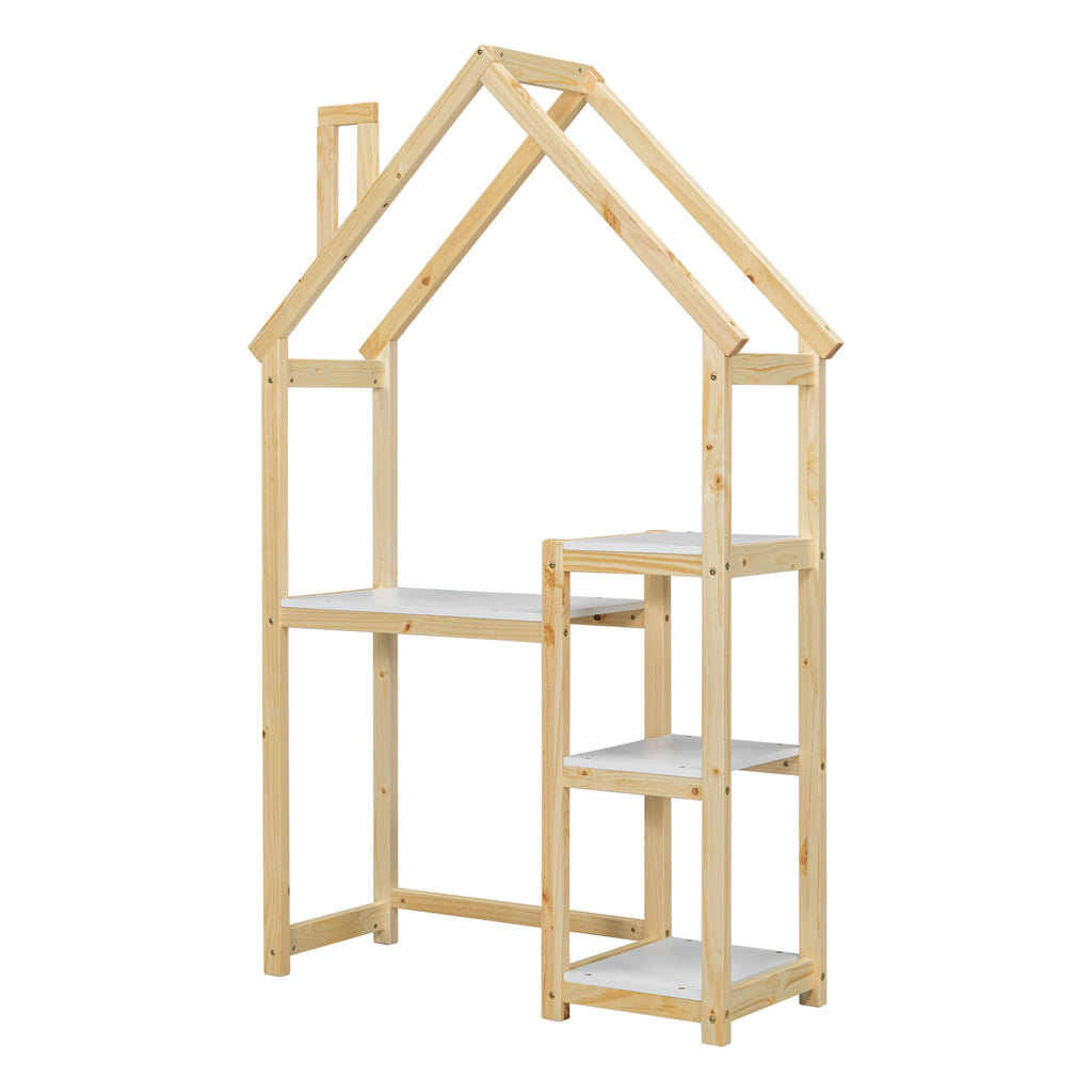Bureau Enfant Maison Bois Naturel - Table Étude + Bibliothèque + Rangement Jouet