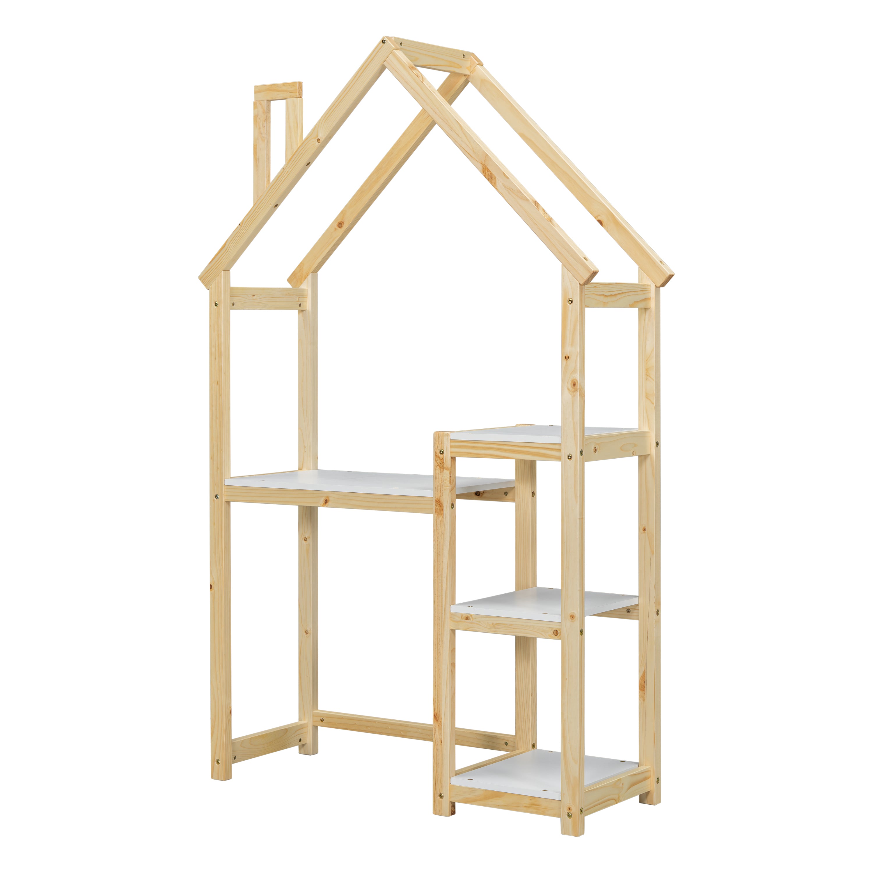 Bureau Enfant Maison Bois Naturel - Table Étude + Bibliothèque + Rangement Jouet