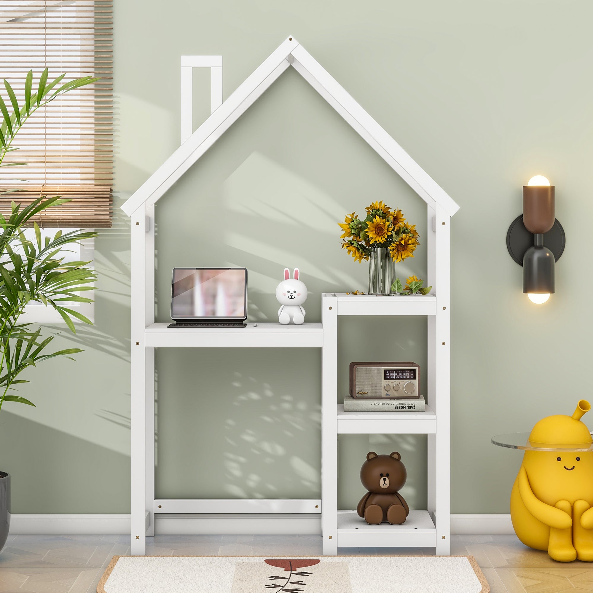 Bureau Enfant Maison Bois Blanc - Table Étude + Bibliothèque + Rangement Jouets