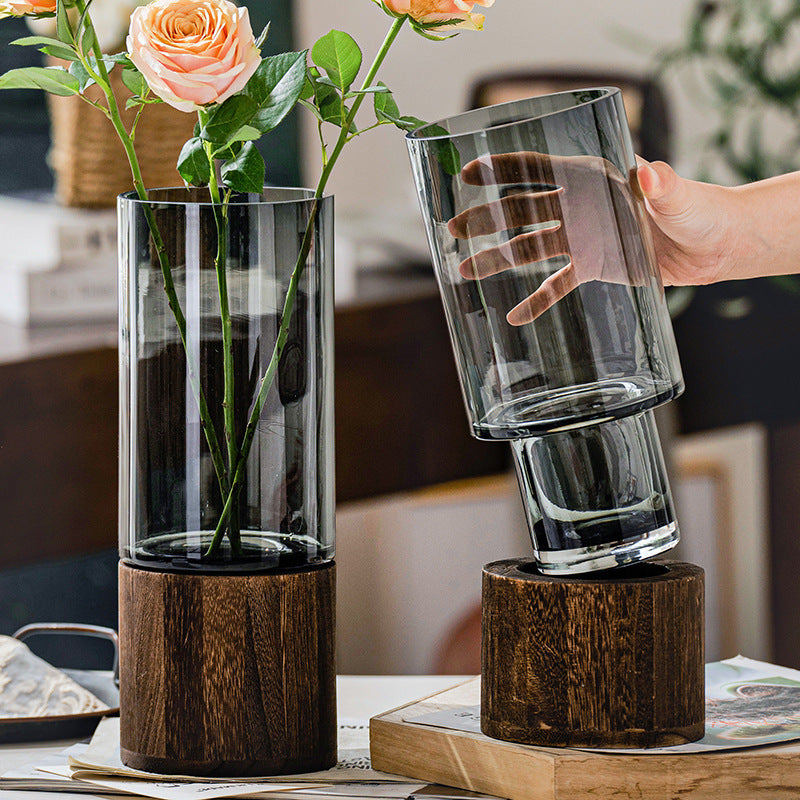 Vase Verre Scandinave Luxe - Support Bois - Fleurs Aquatiques - Déco Table Salle