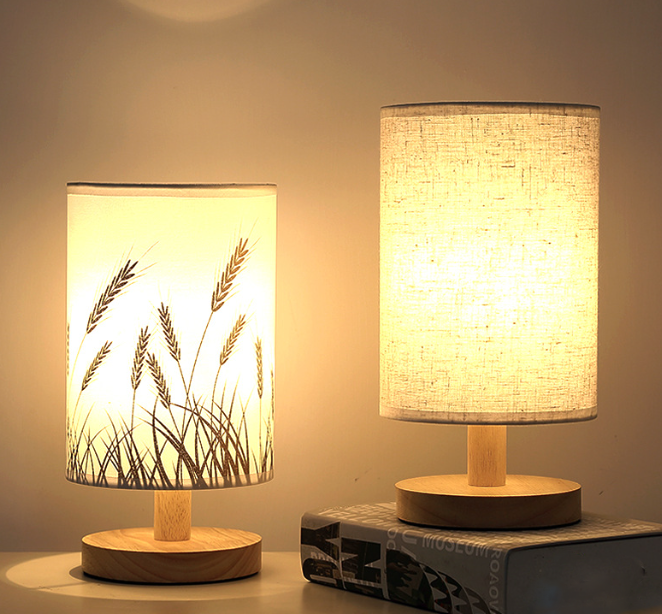 Lampe Table Lin LED - Blanc Chaud - Chevet USB - Abat-jour Lin Bois