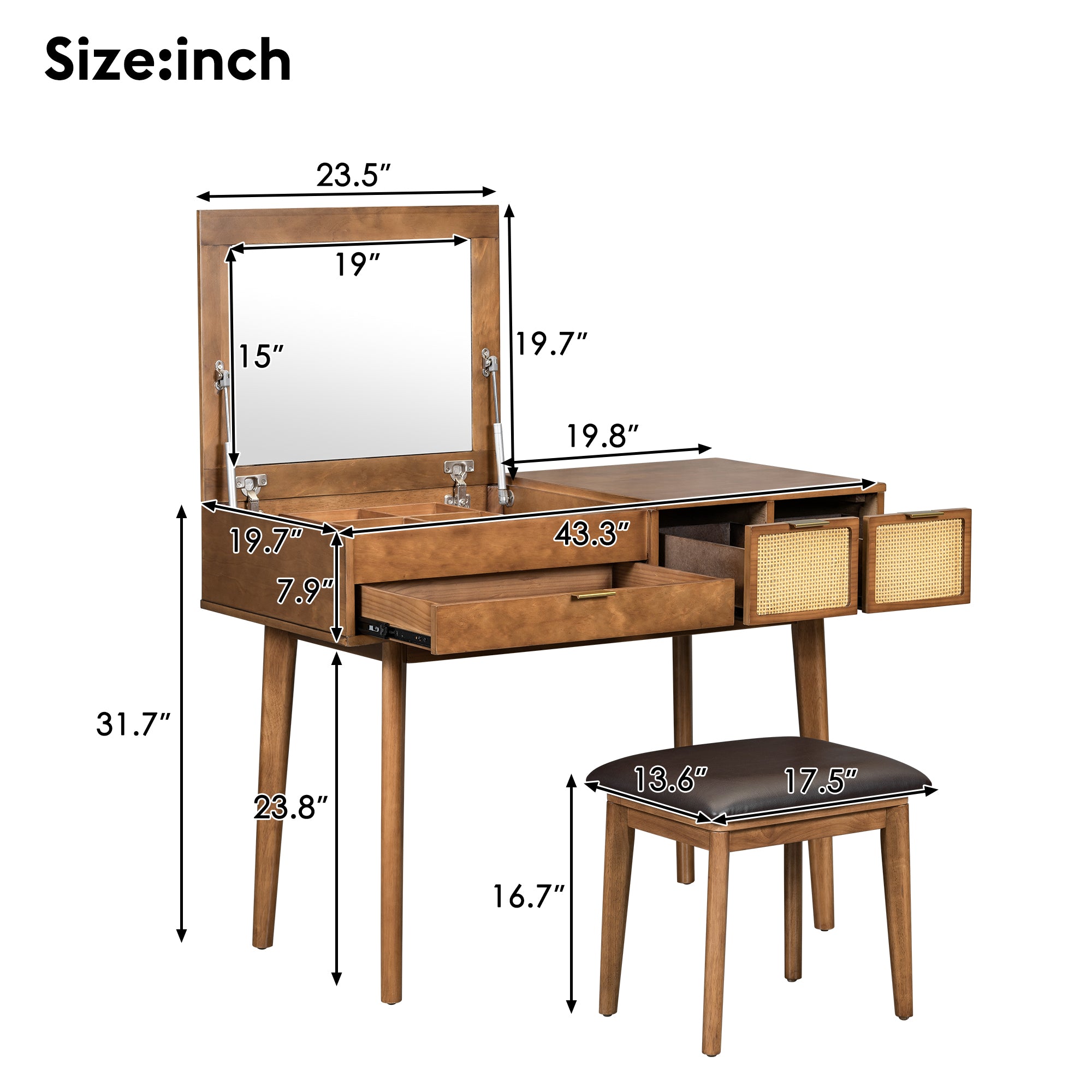 Coiffeuse Bois 43.3 Pouces Miroir Rabattable + Tabouret - 3 Tiroirs - Brune - Ra