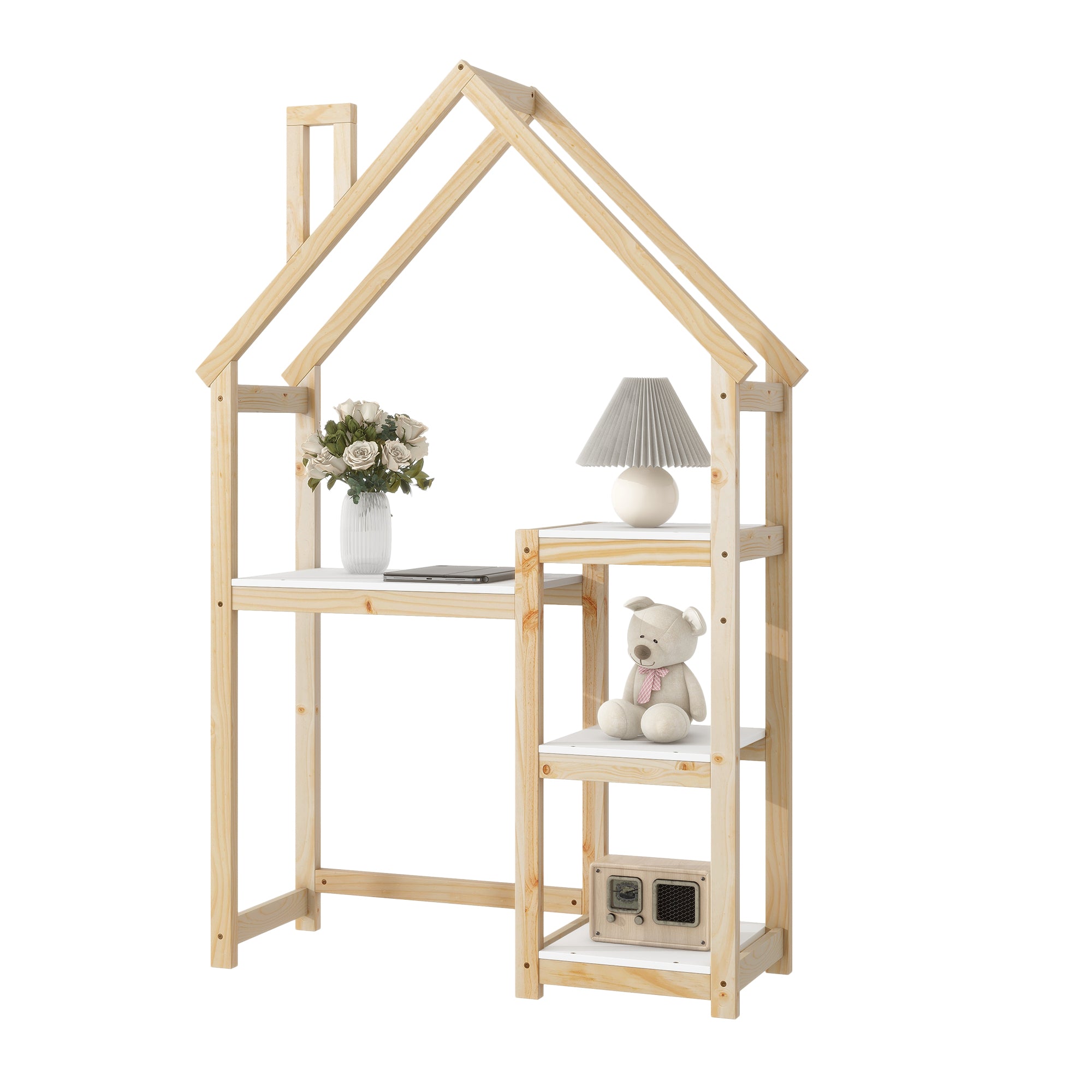 Bureau Enfant Maison Bois Naturel - Table Étude + Bibliothèque + Rangement Jouet