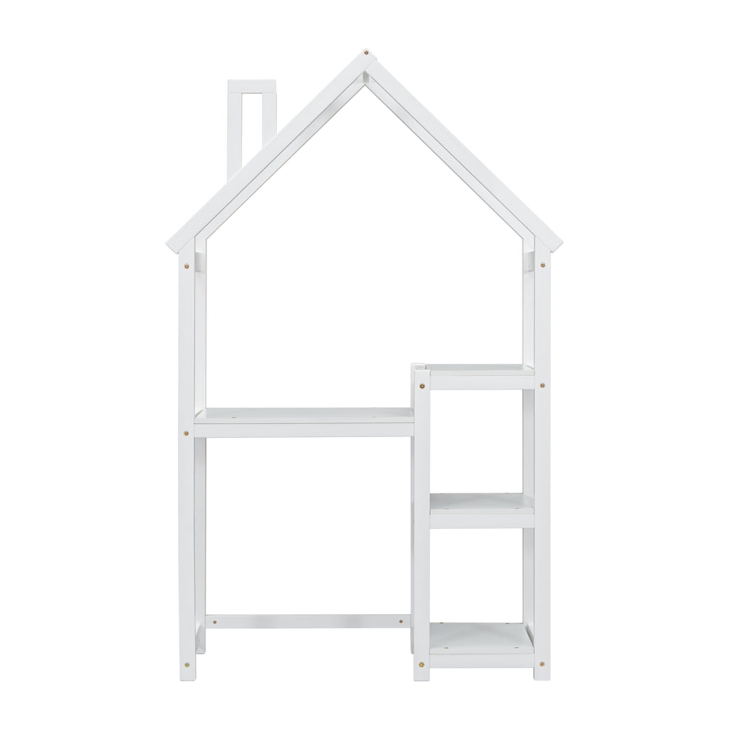 Bureau Enfant Maison Bois Blanc - Table Étude + Bibliothèque + Rangement Jouets