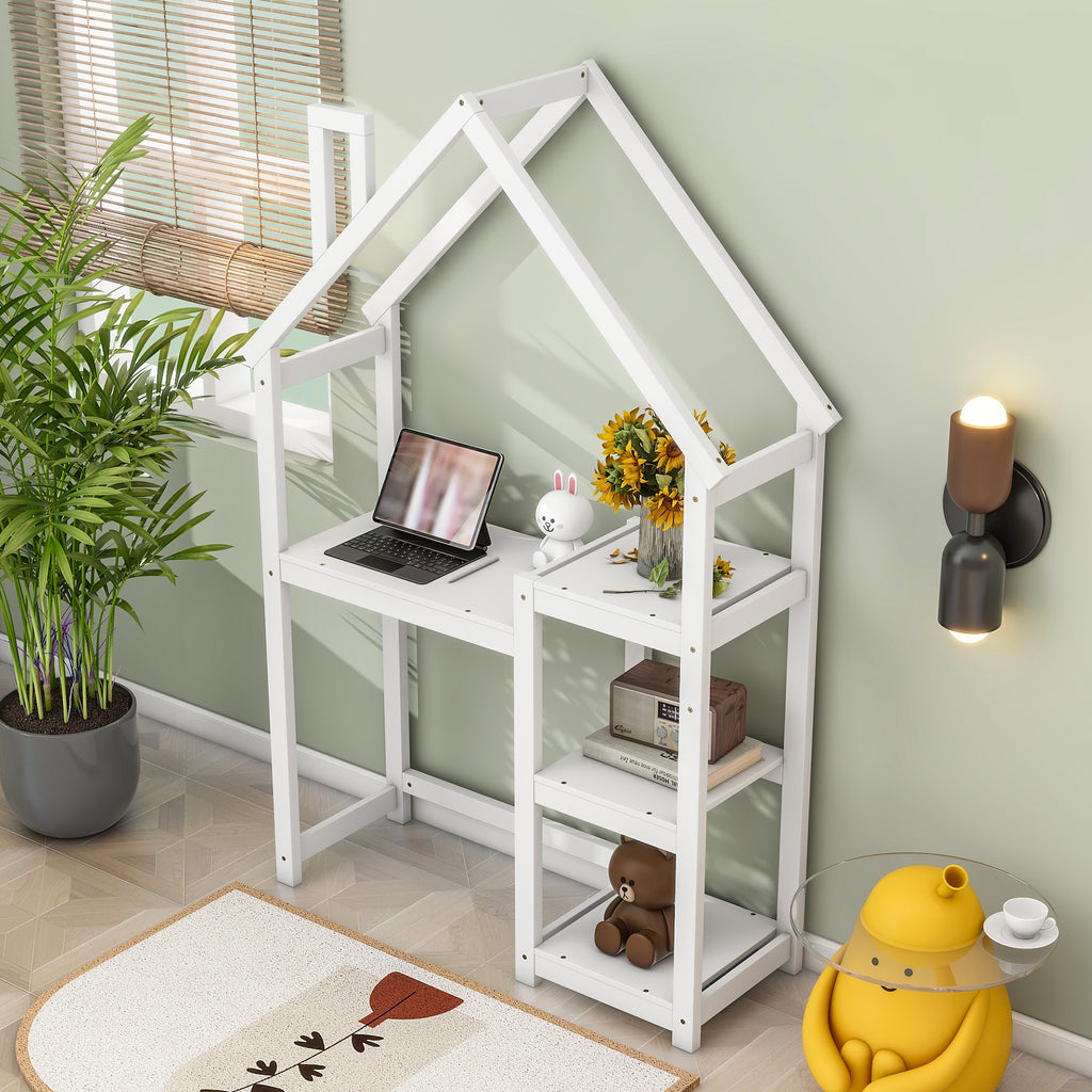 Bureau Enfant Maison Bois Blanc - Table Étude + Bibliothèque + Rangement Jouets
