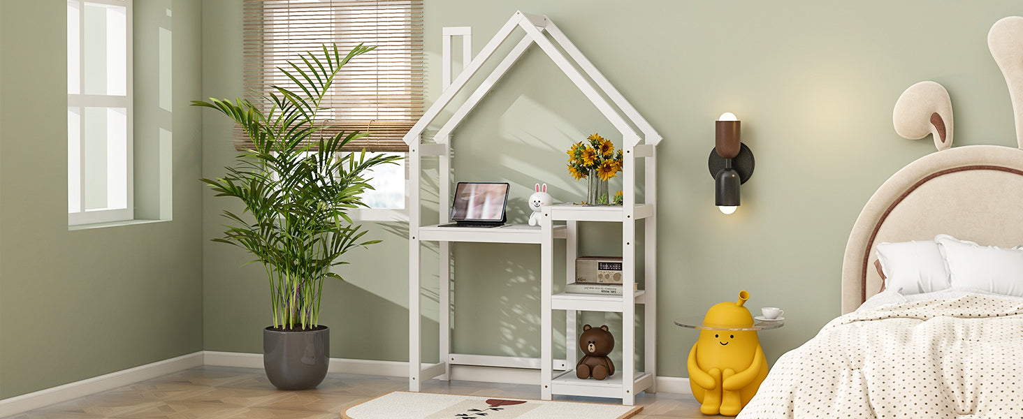 Bureau Enfant Maison Bois Blanc - Table Étude + Bibliothèque + Rangement Jouets