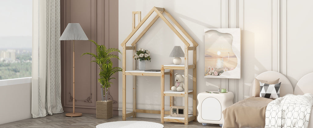 Bureau Enfant Maison Bois Naturel - Table Étude + Bibliothèque + Rangement Jouet