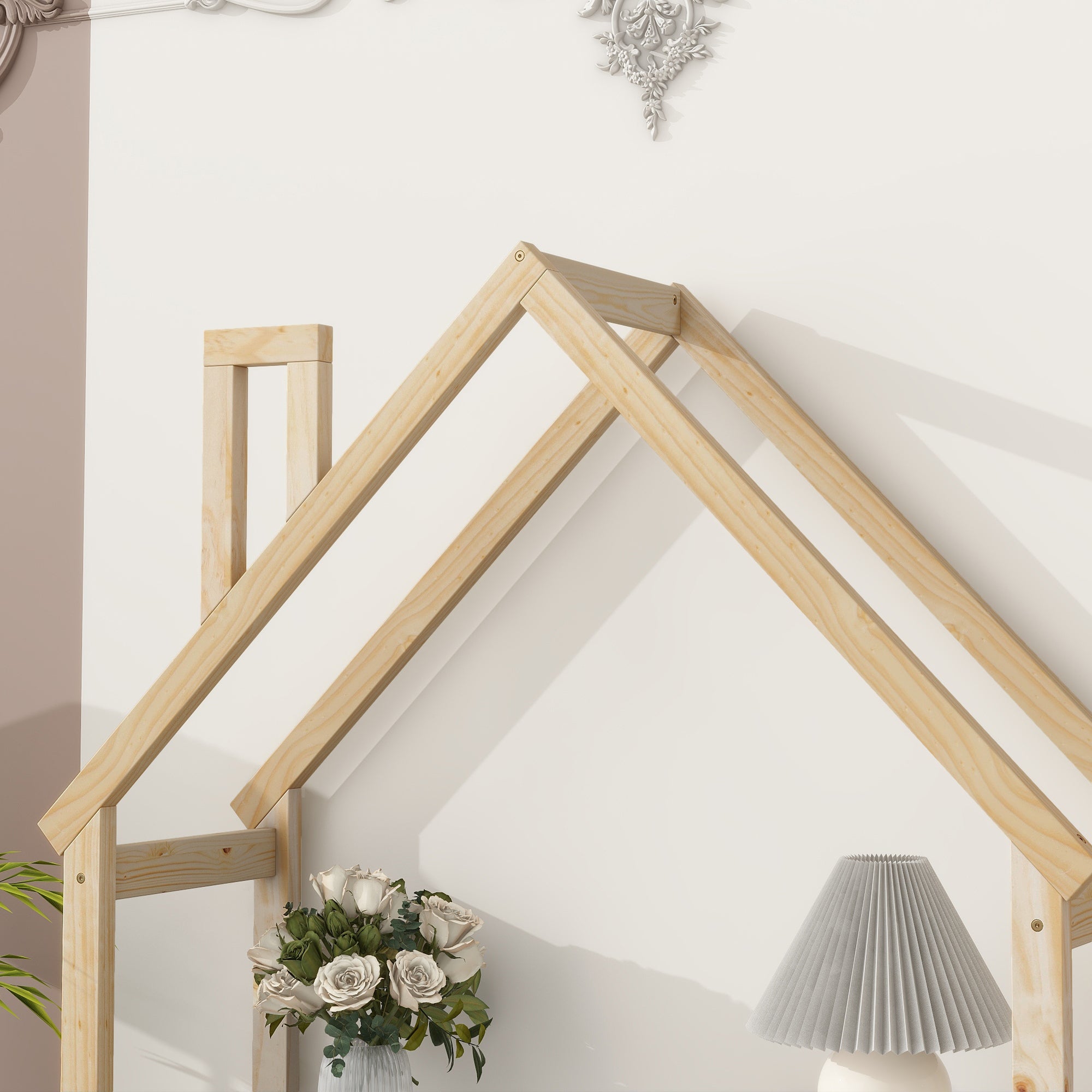 Bureau Enfant Maison Bois Naturel - Table Étude + Bibliothèque + Rangement Jouet