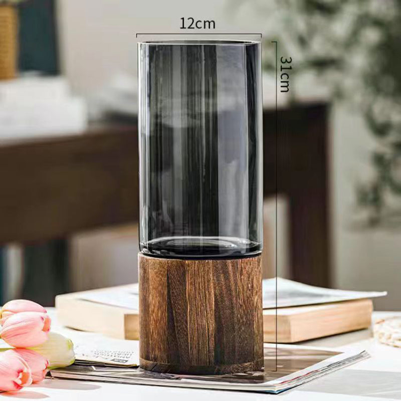 Vase Verre Scandinave Luxe - Support Bois - Fleurs Aquatiques - Déco Table Salle